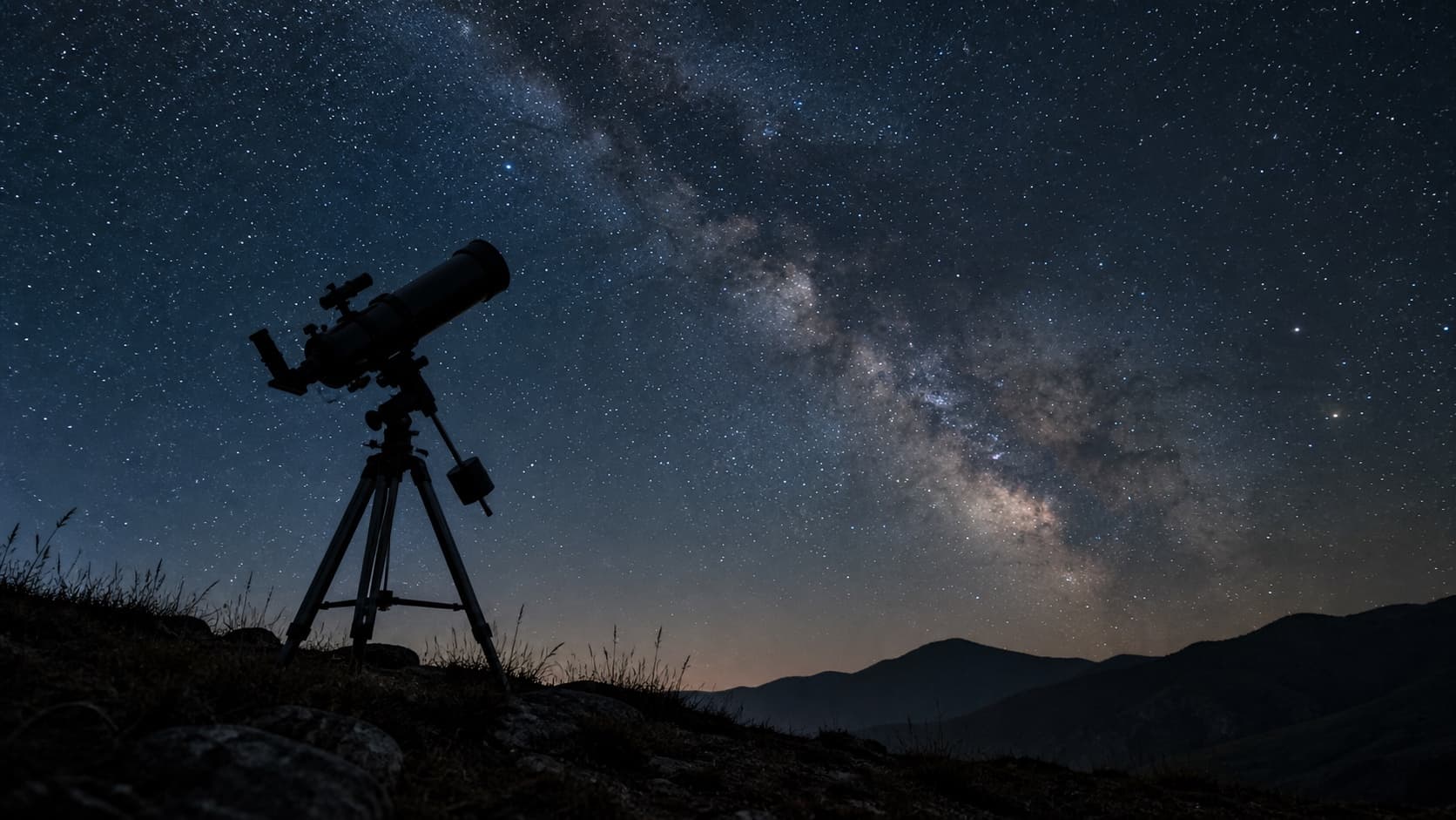 A telescope silhouetted against a star-filled night sky