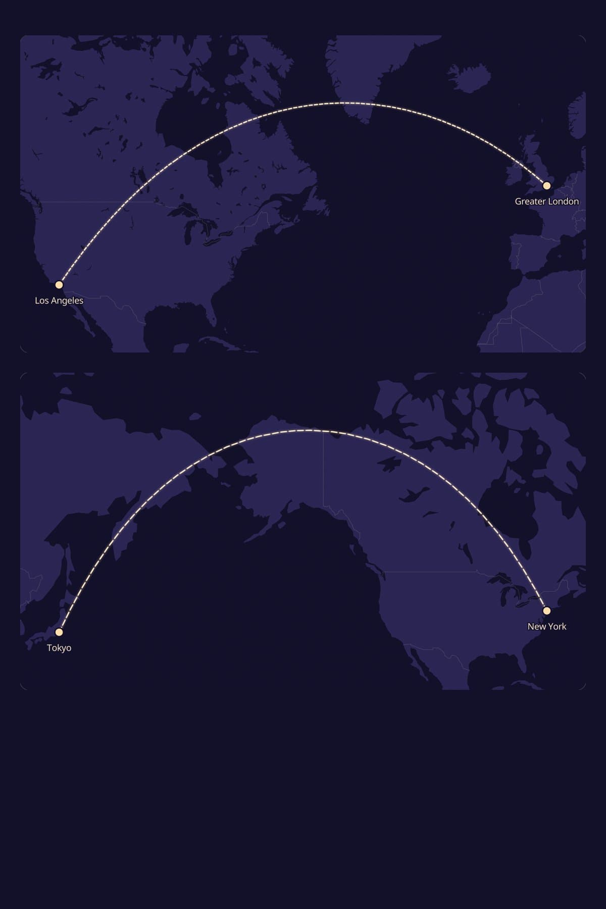 Two dark world maps with dashed curved routes, one from Los Angeles to London arching up past Greenland, one from Tokyo to New York arching over Alaska.