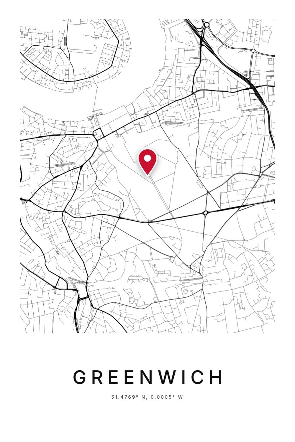 A black and white city map poster of Greenwich Park in London with a red pin on the Royal Observatory and 51.4769° N, 0.0005° W printed beneath.
