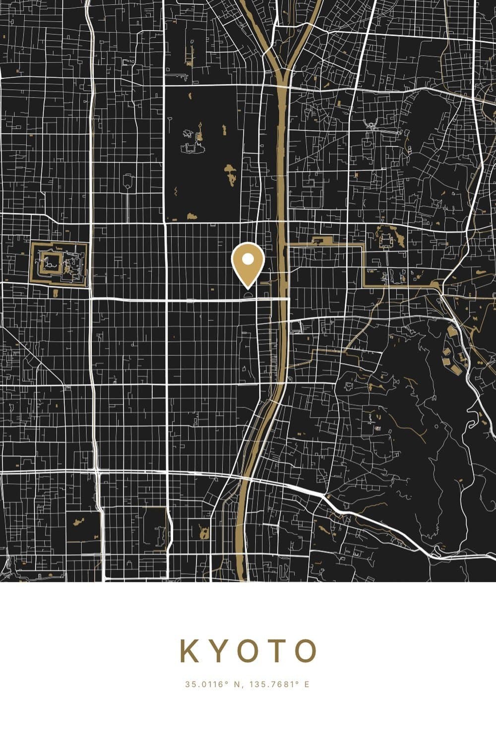 A black and gold city map poster of central Kyoto showing its north-south street grid, the Kamo River in gold, and Nijo Castle, with KYOTO and 35.0116° N, 135.7681° E beneath.