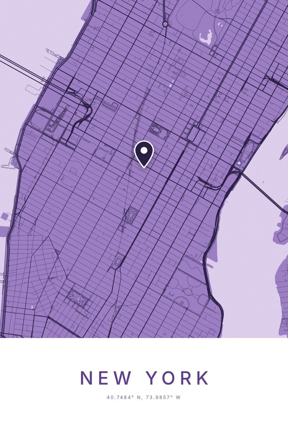 A purple city map poster of Midtown Manhattan showing the long avenues and numbered cross streets of the 1811 grid, with NEW YORK beneath.