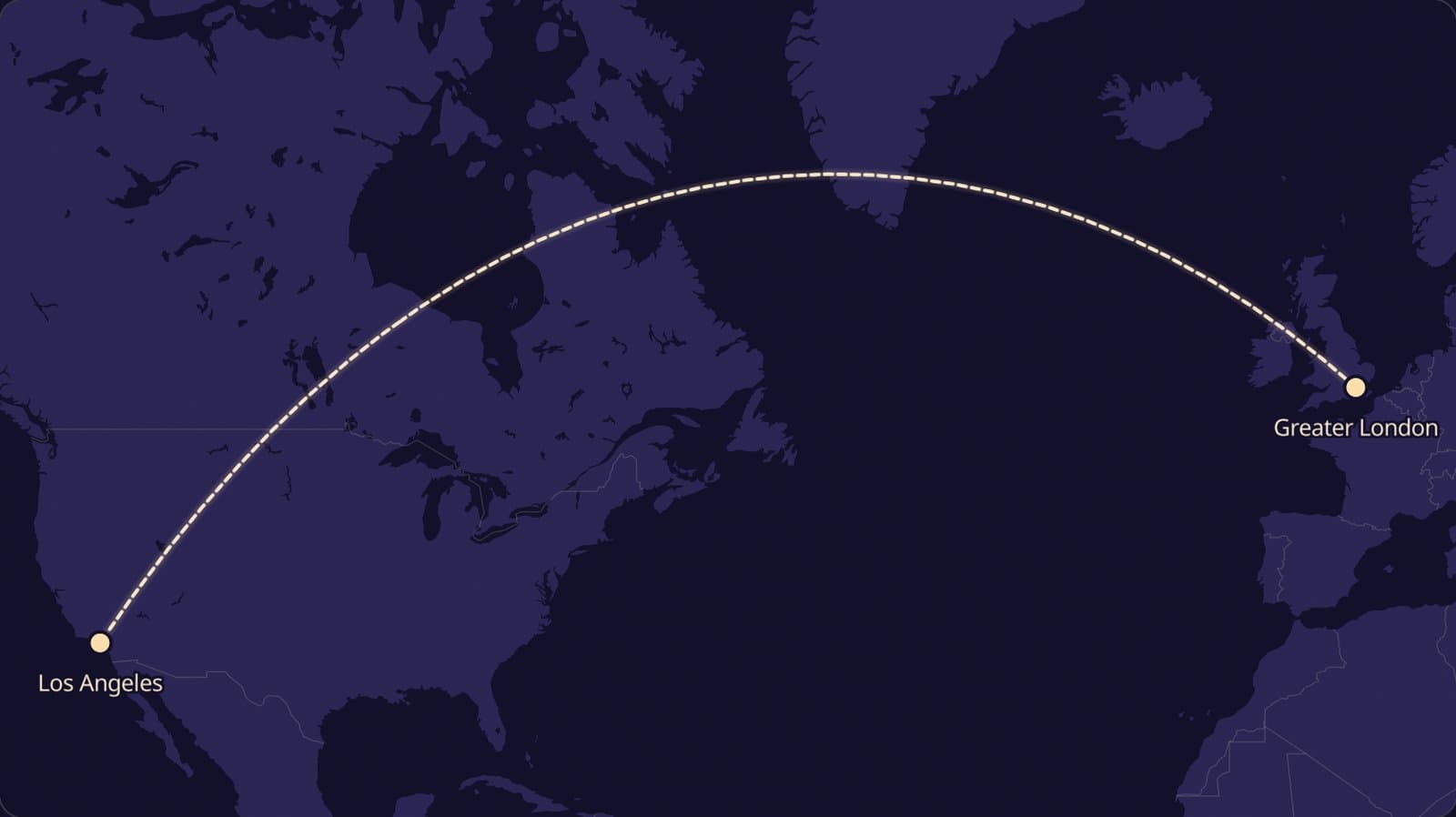 A dark world map with a dashed route arching from Los Angeles up over Canada, past the southern tip of Greenland, and down to London.