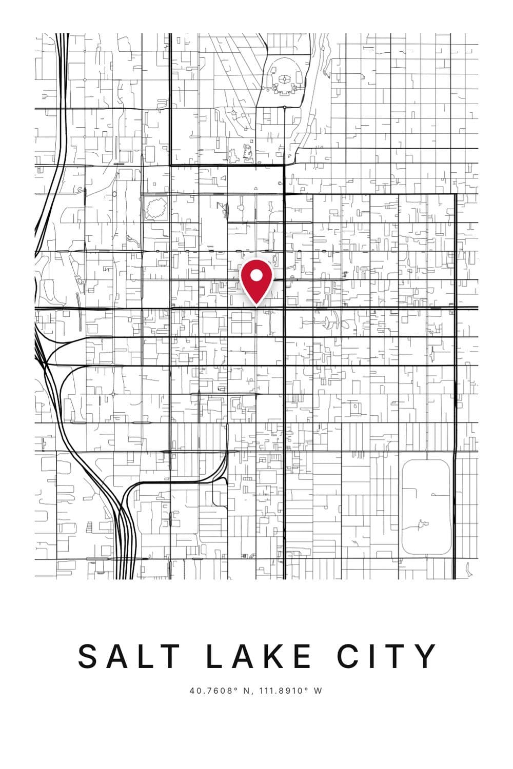A black and white city map poster of Salt Lake City's wide square street grid, with SALT LAKE CITY and 40.7608° N, 111.8910° W beneath.
