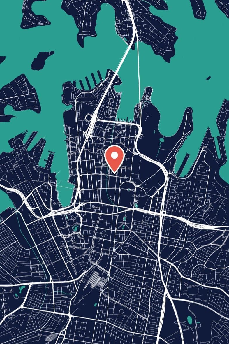 Sydney's harbour and city streets drawn in white on navy, with teal water and a red pin in the city centre.