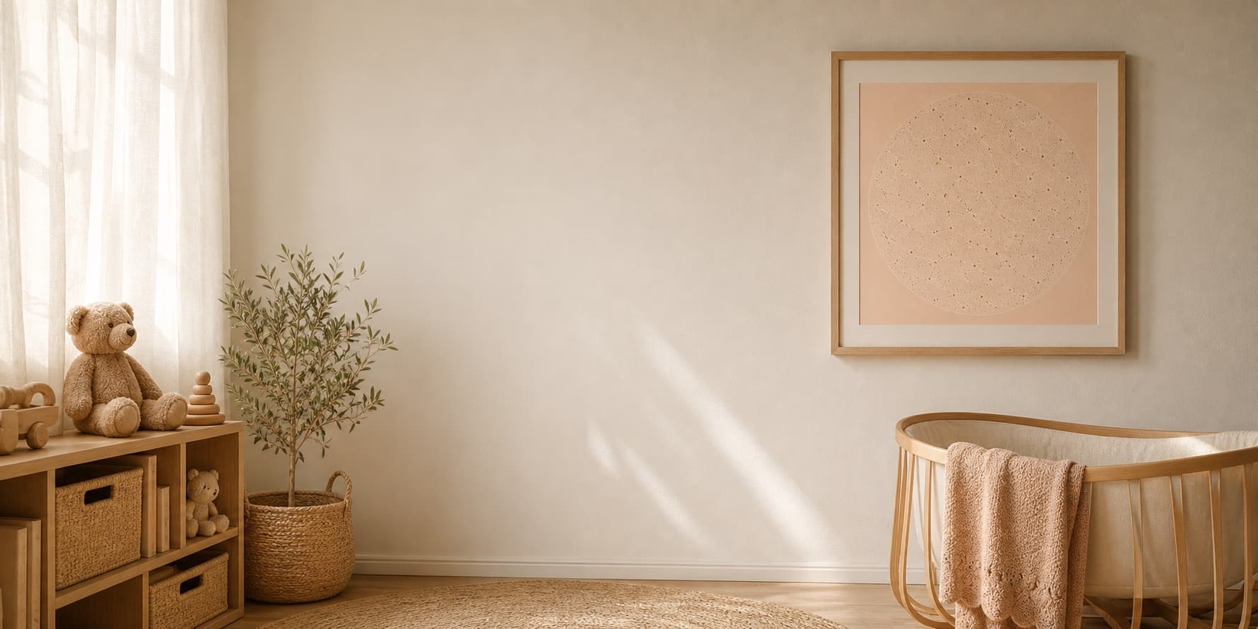 A nursery scene with framed wall art