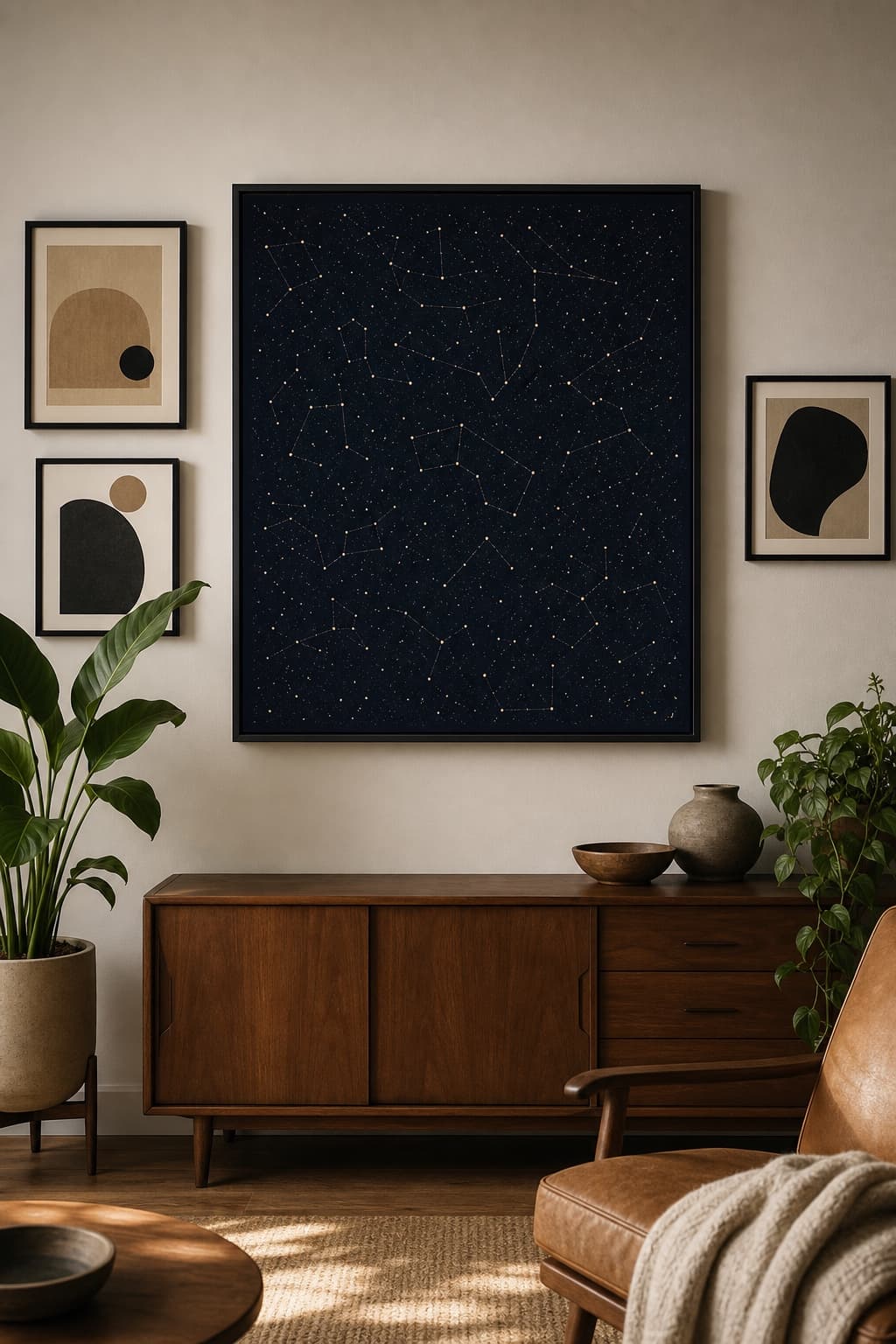 A framed square navy star map poster in a softly lit gallery interior.