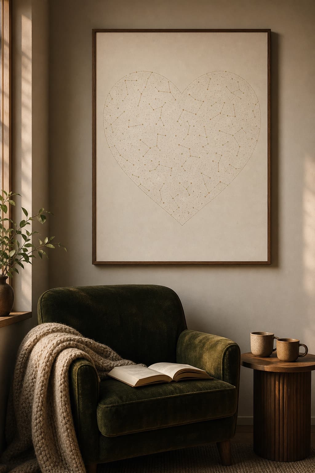 A heart-shaped star map poster above a softly lit reading nook with a lamp and books.