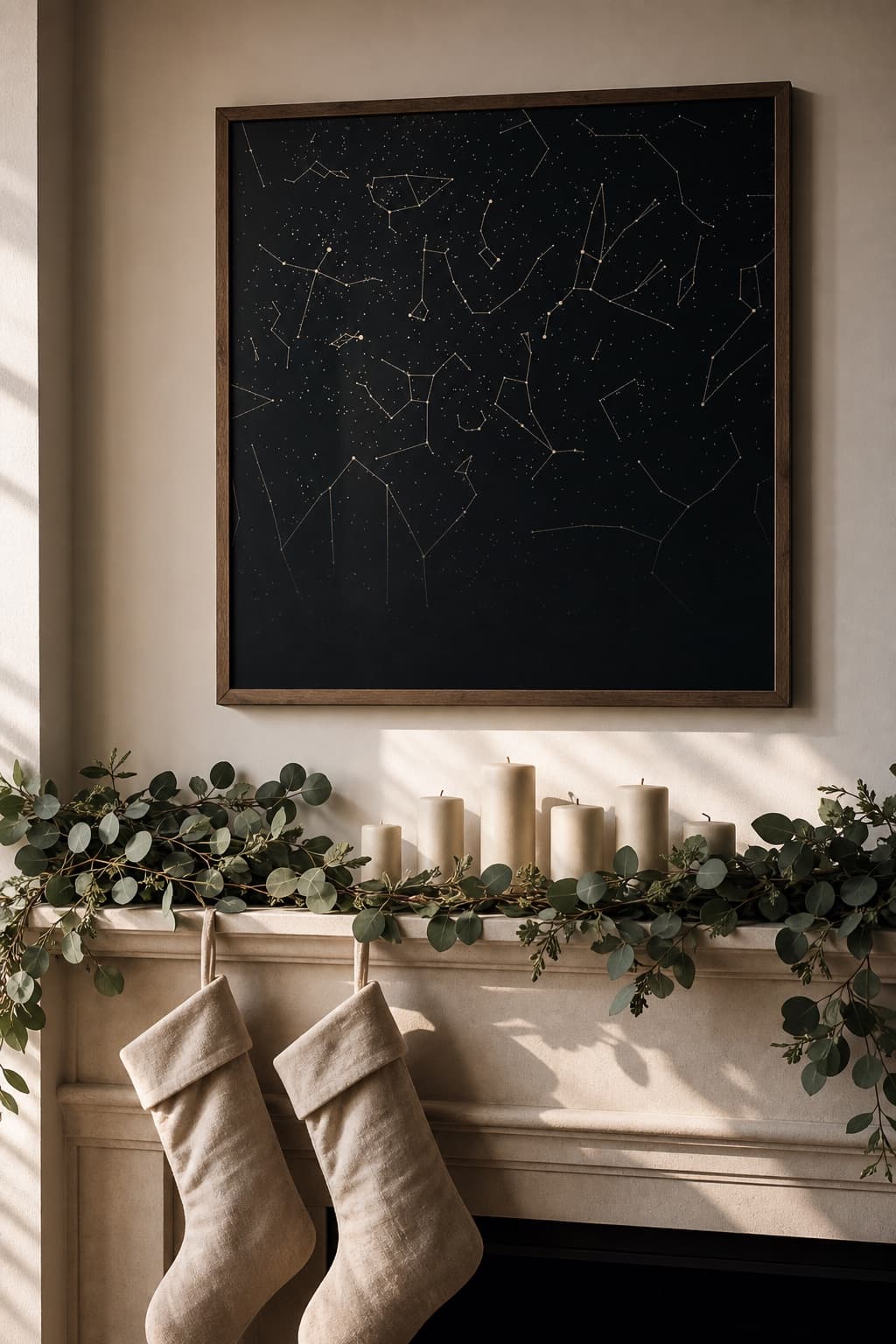 A large black star map in a wood frame above a mantel dressed with eucalyptus, candles and stockings.