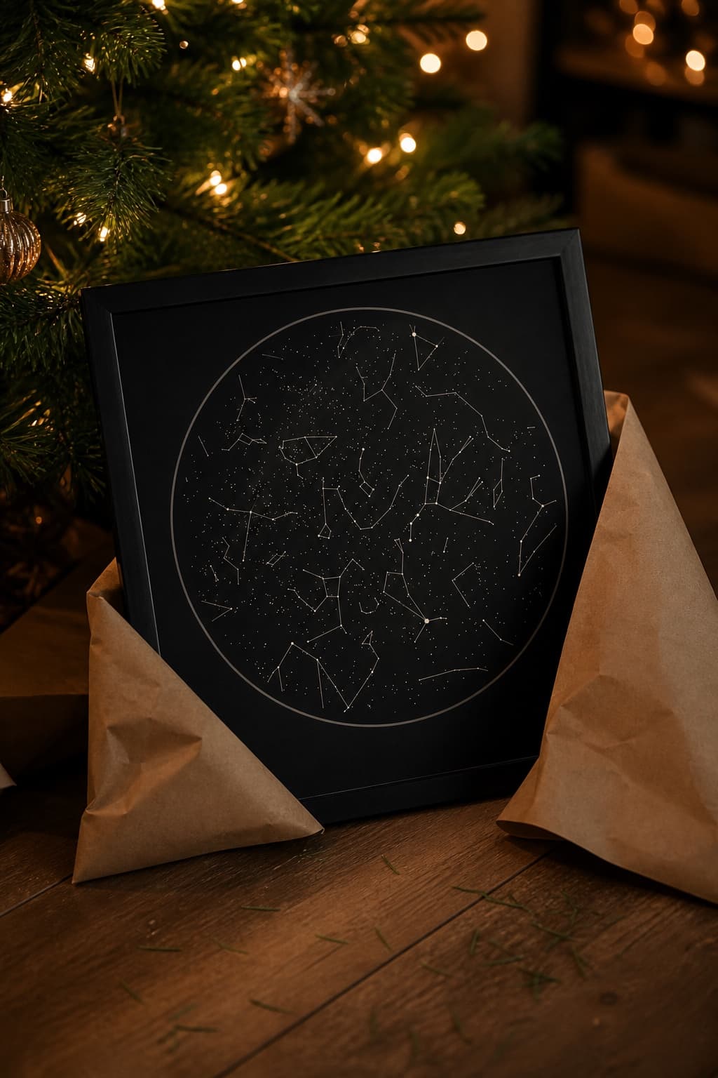 A circular star map in a black frame leaning against a lit Christmas tree, wrapping paper around it.