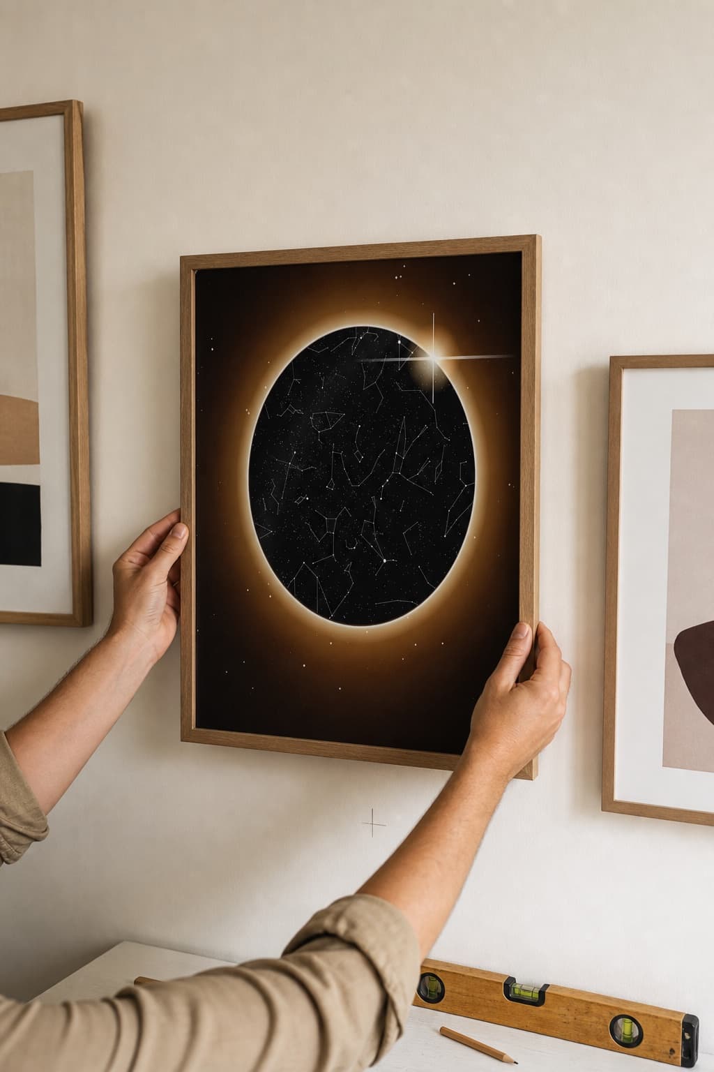 Hands hanging a framed star map on a gallery wall, a spirit level resting on the table below.