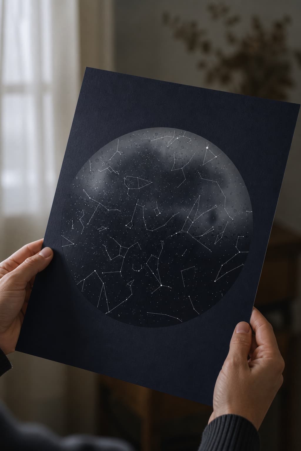 Two hands holding up a dark navy star map print with a round sky of white constellation lines.