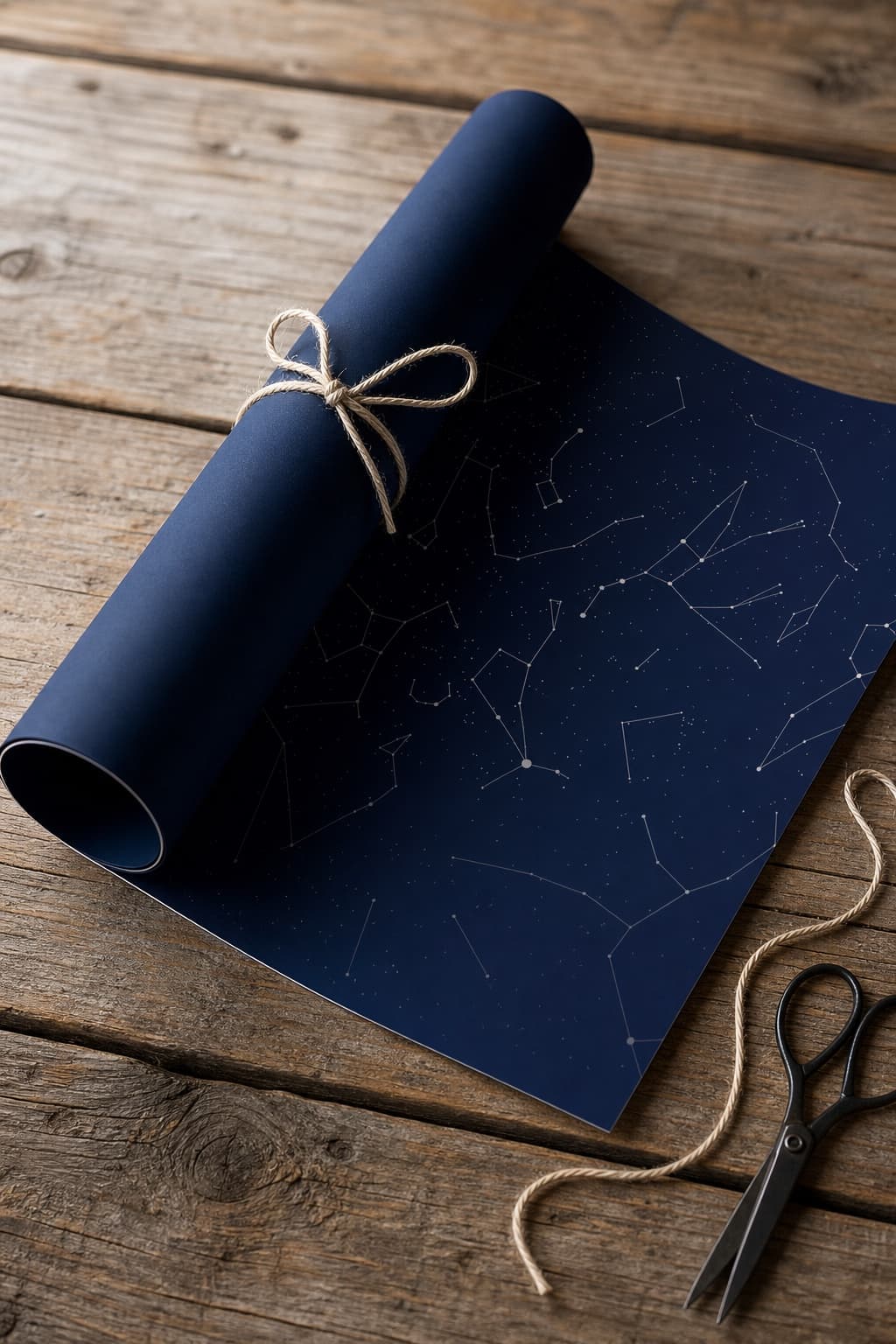 A deep navy star map printed and rolled, tied with string, beside a pair of scissors.