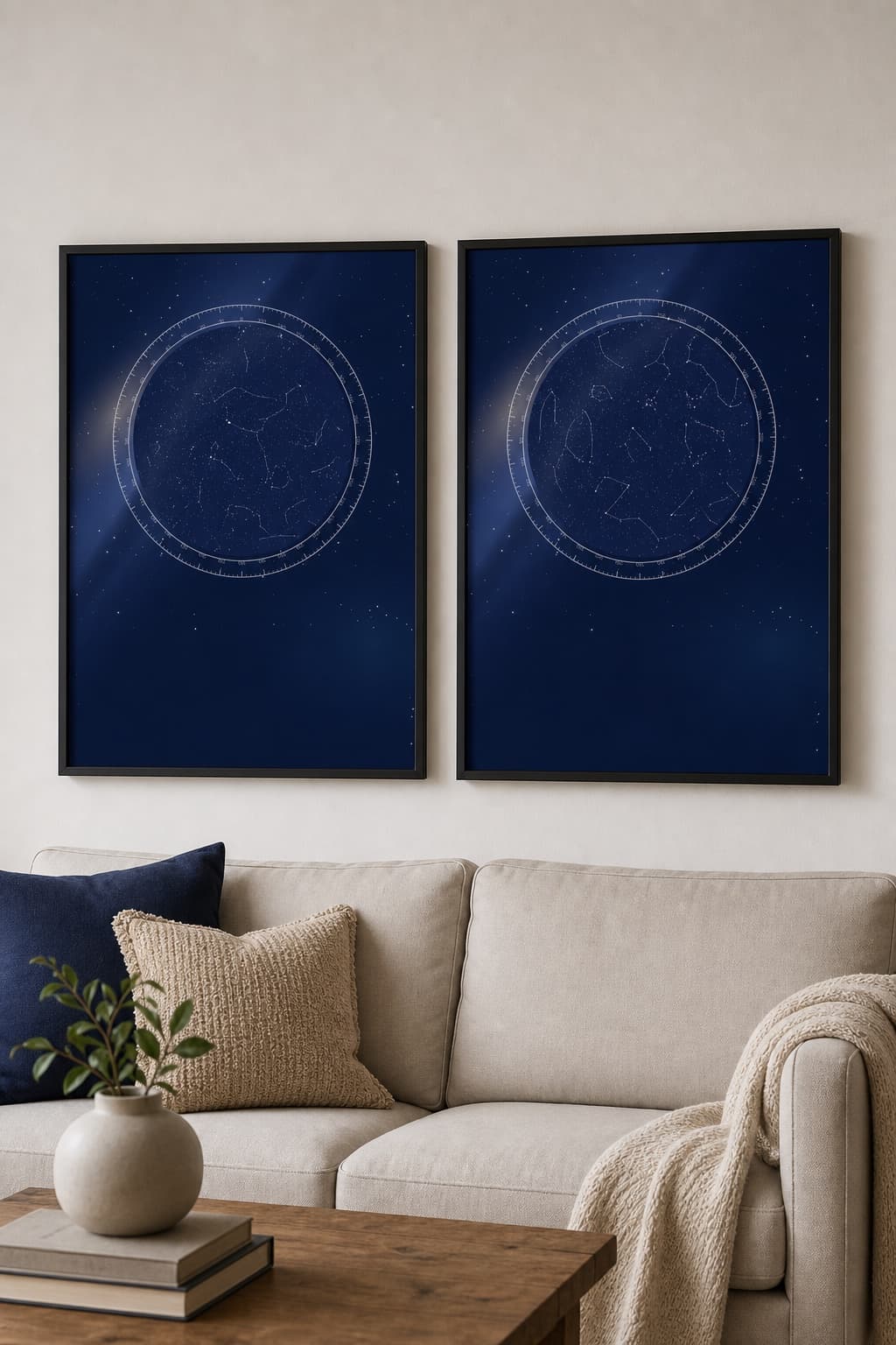 Two matching navy star maps in black frames hanging side by side above a cream sofa.