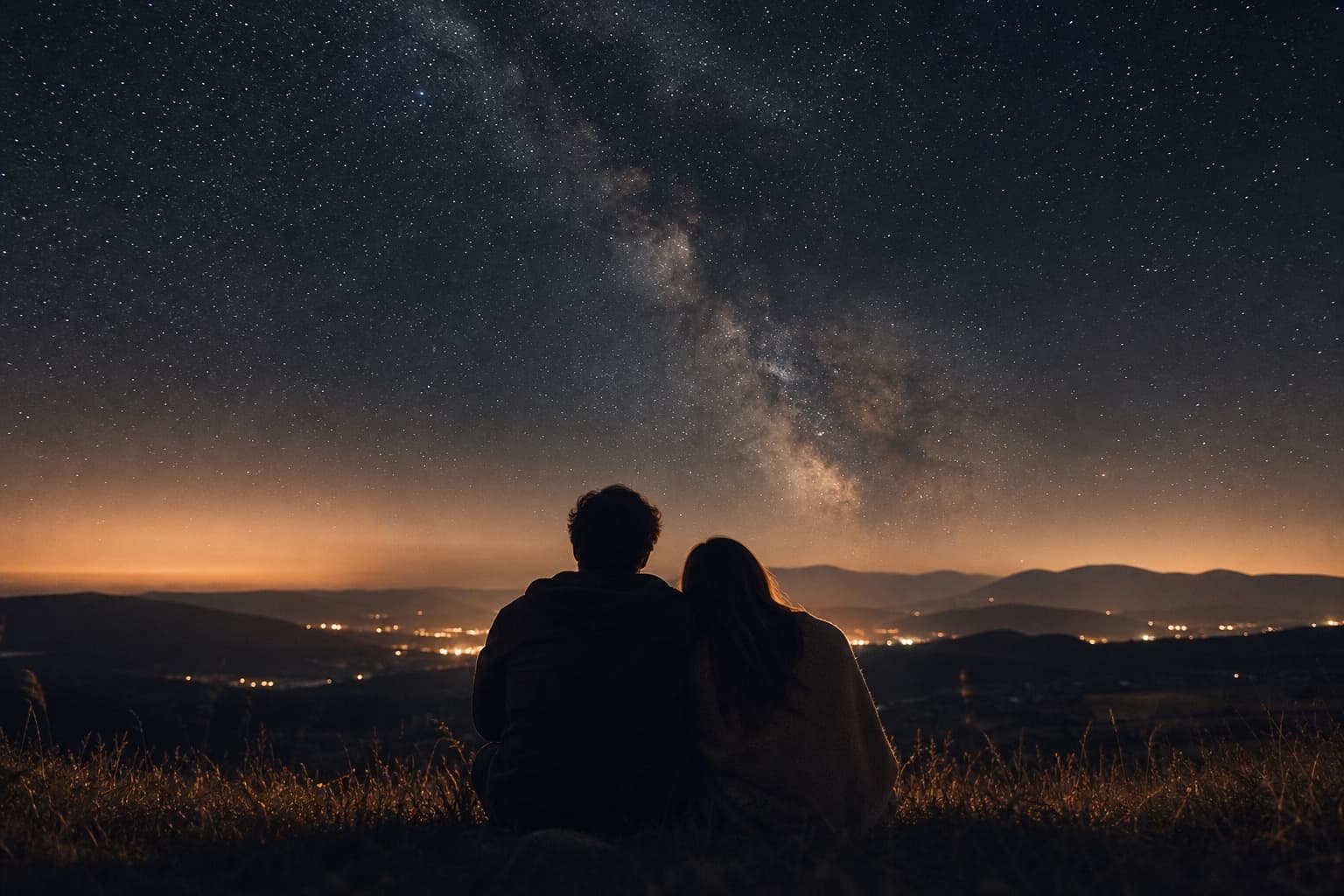 Two people sitting on a hillside looking up at a star-filled sky