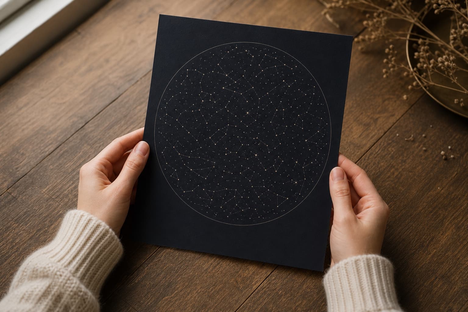 Two hands holding a printed star map poster on a table