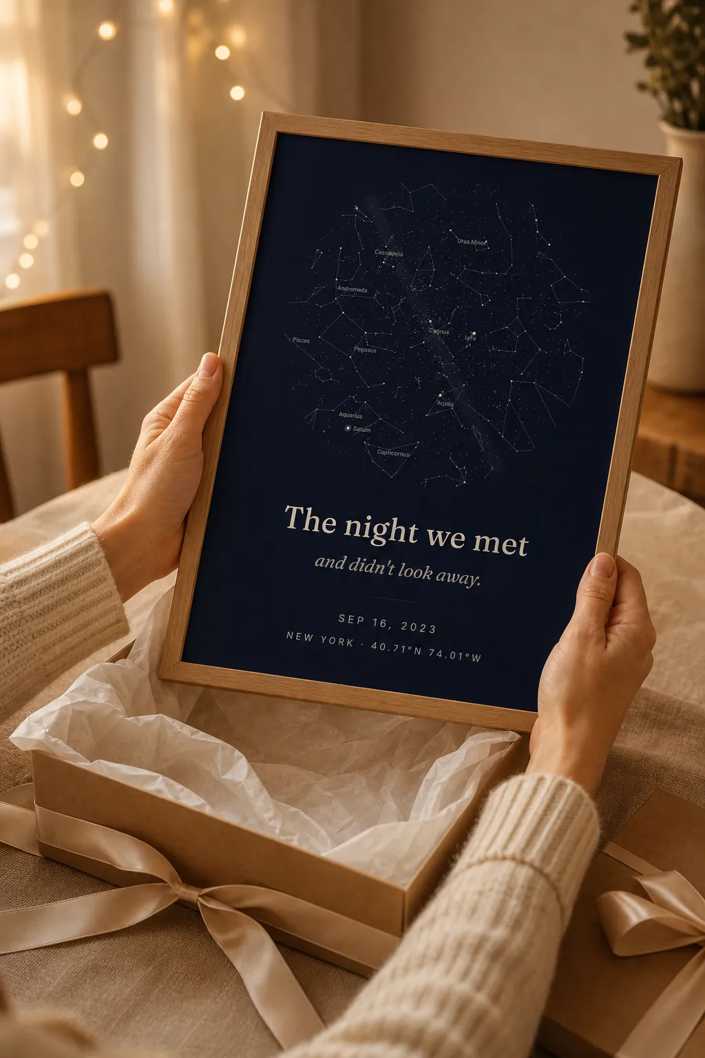 Hands lifting a framed SkyWhen star map print out of a gift box