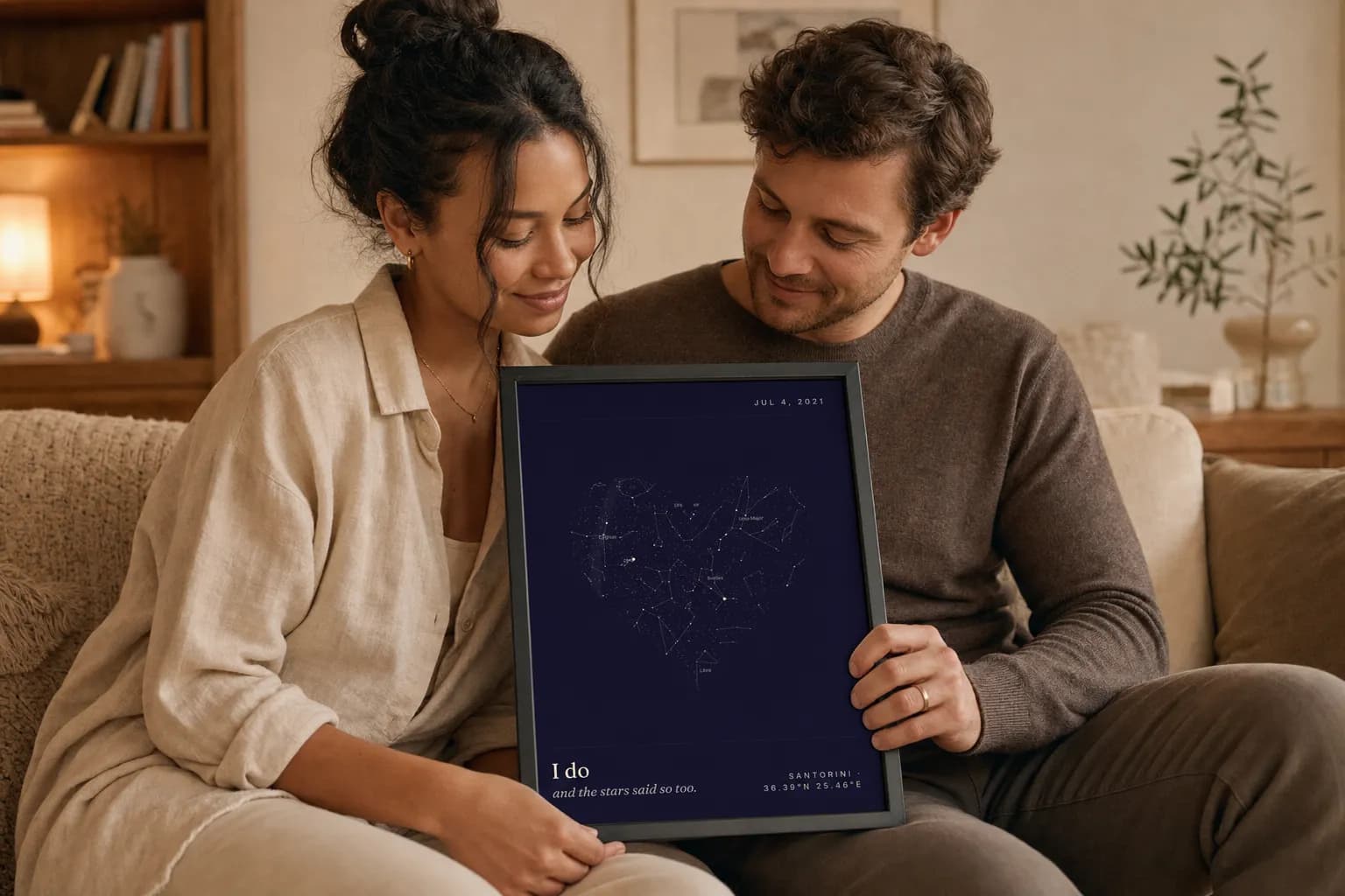 A couple on a sofa holding a framed heart-shaped SkyWhen star map print