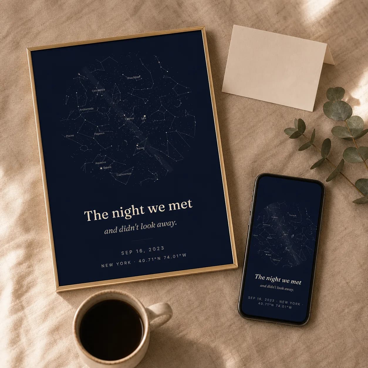 A SkyWhen star map print laid out beside a matching phone wallpaper, a card, and coffee