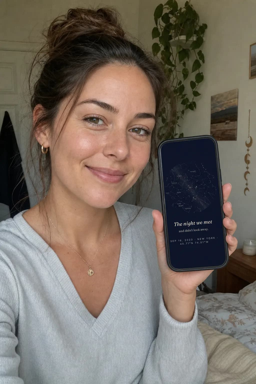 A woman holding up her phone showing a SkyWhen star map wallpaper