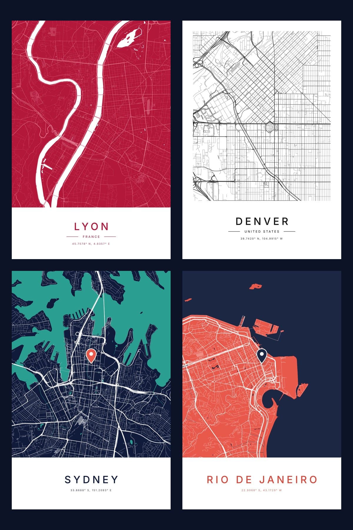 Four city map posters in a grid, Lyon, Denver, Sydney and Rio de Janeiro, each with its coordinates printed under the city name.