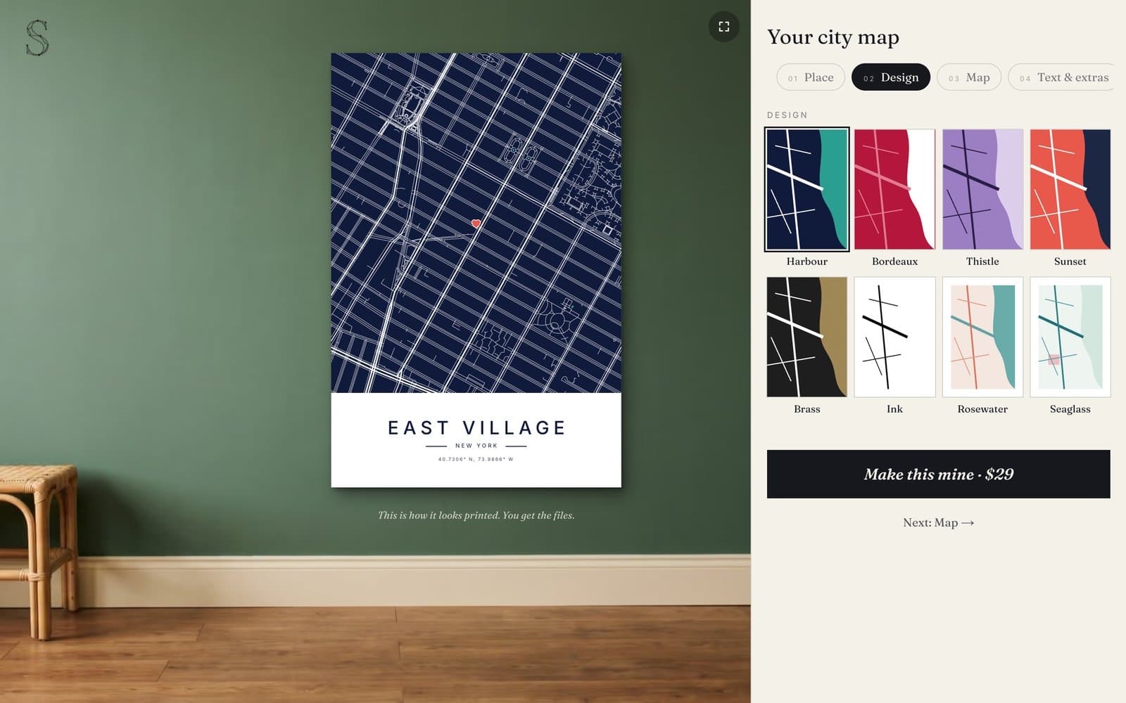 The maker's design step showing eight design swatches, Harbour selected, beside the East Village poster.