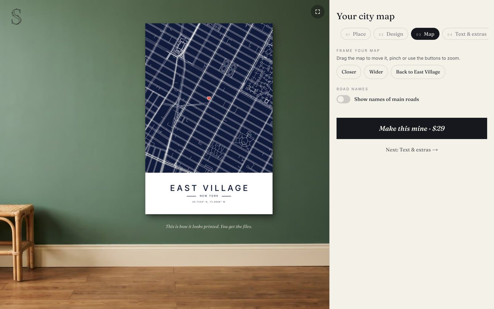 The maker's map step with Closer, Wider and Back to East Village buttons and a toggle for road names.