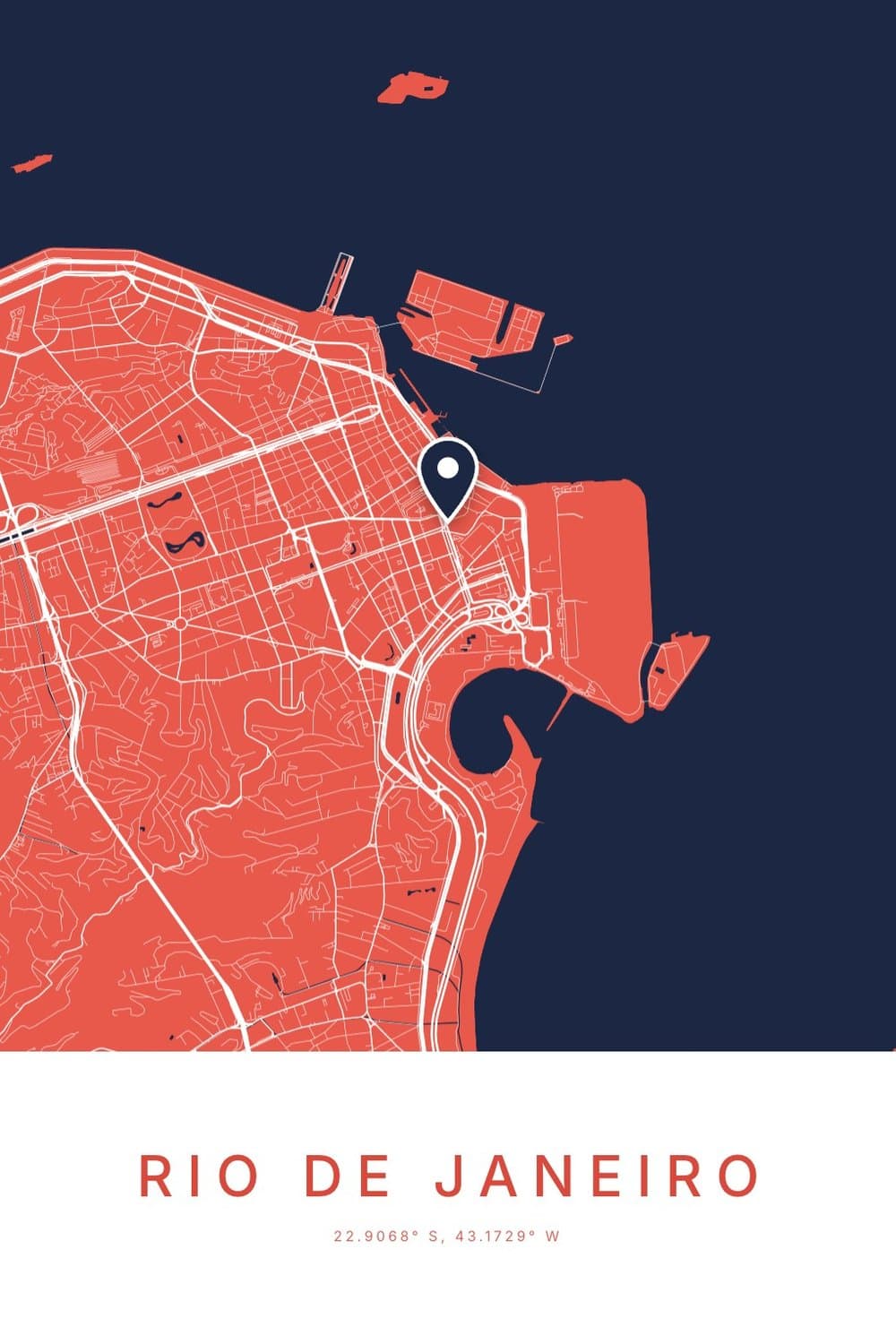 A coral and navy city map poster of central Rio de Janeiro and its bay, with 22.9068° S, 43.1729° W printed under the name.