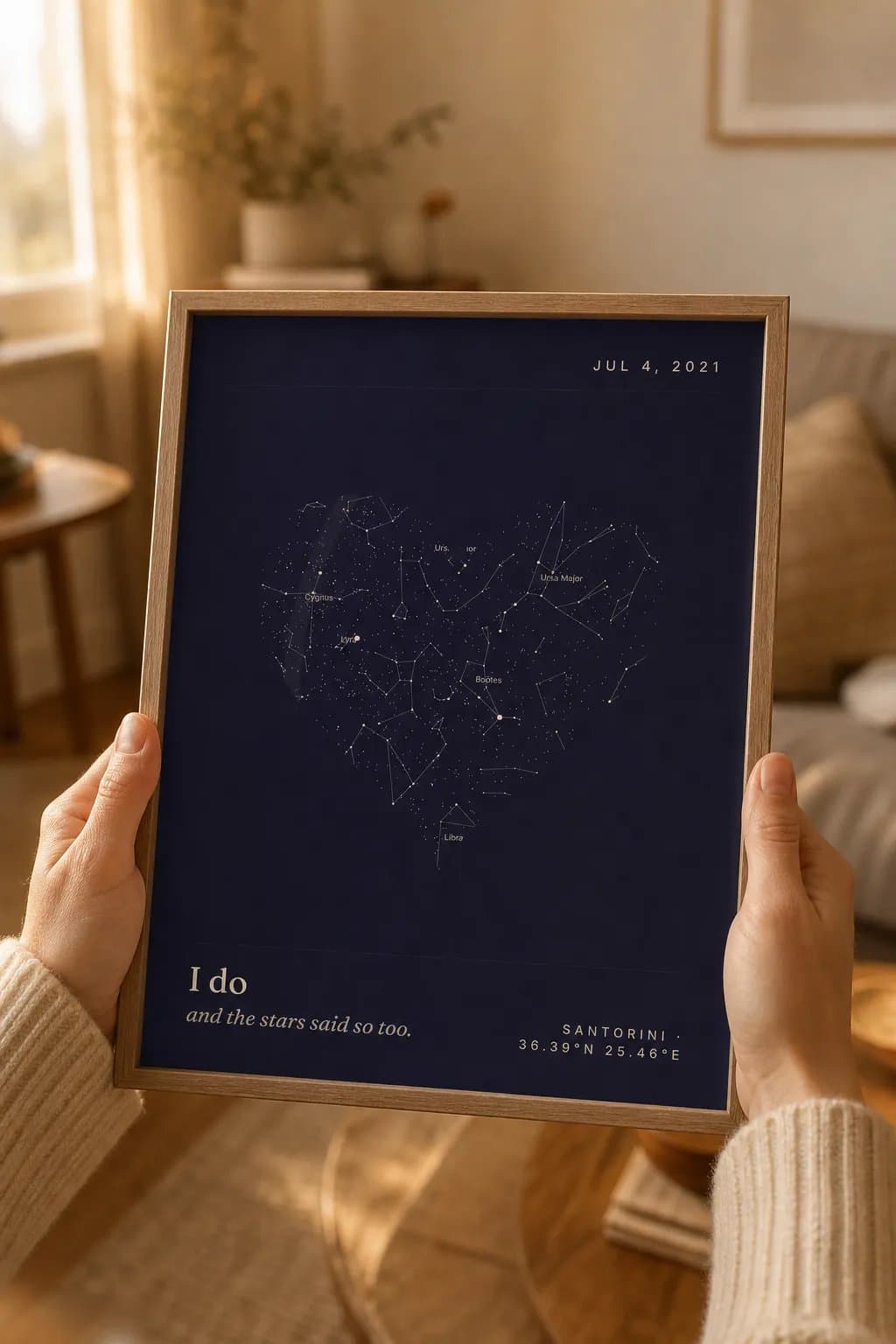 Hands holding a framed navy star map with a heart-shaped sky and the words I do, and the stars said yes.