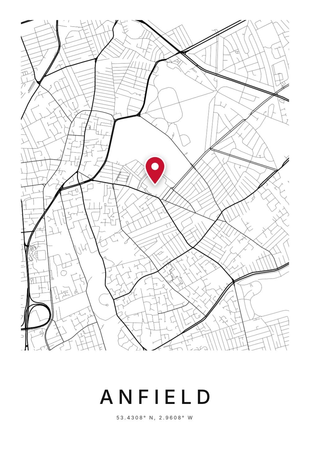 A black and white city map poster of the streets of Anfield in Liverpool with a red pin, and ANFIELD with its coordinates beneath.