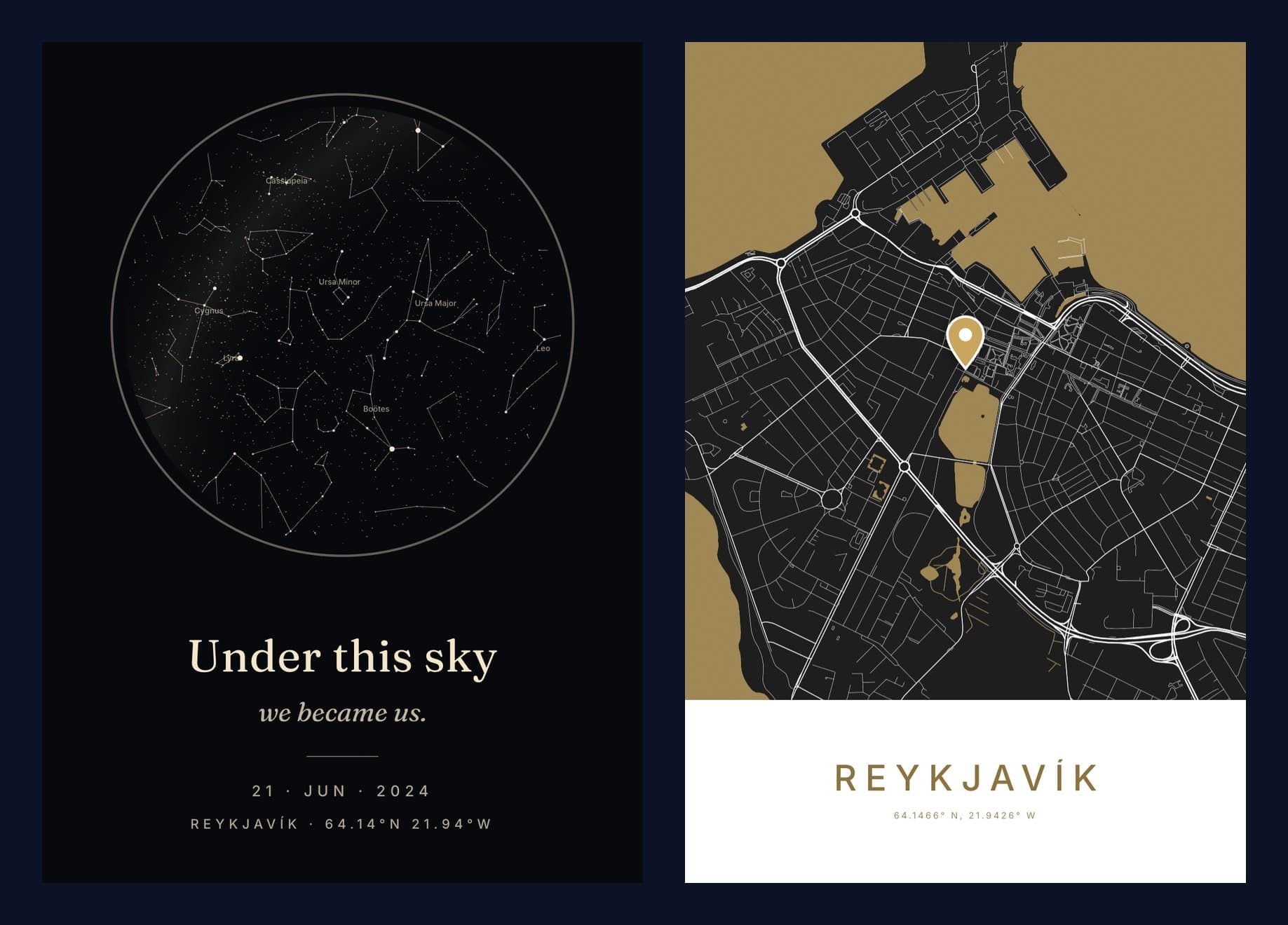 Two posters side by side: a black star map titled Under this sky, we became us, Reykjavík, 21 June 2024, and a black and gold city map of central Reykjavík.