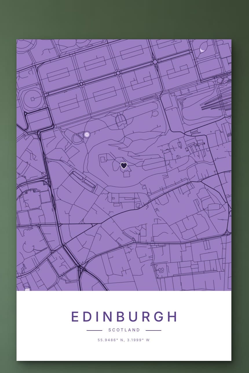 A lavender city map poster of central Edinburgh with a heart on the castle, hanging on a green wall.