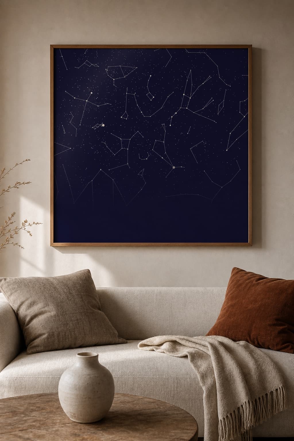 A large deep navy star map in a wood frame hanging above a linen sofa.