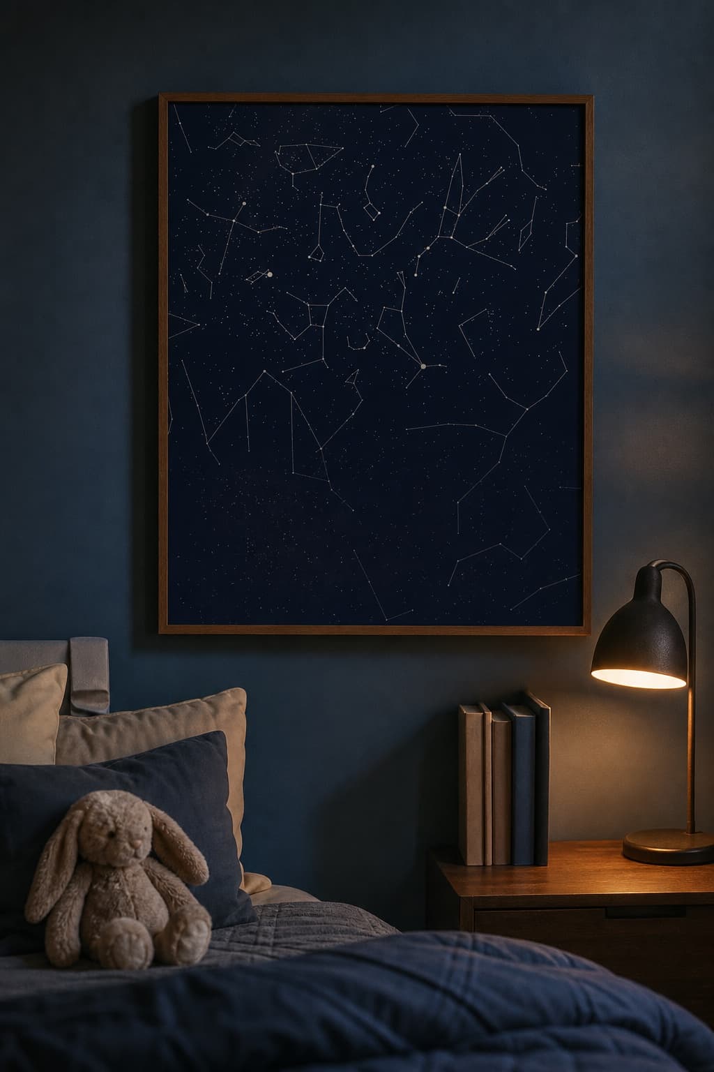 A deep navy star map above a child's bed, with a soft toy and a warm reading lamp.