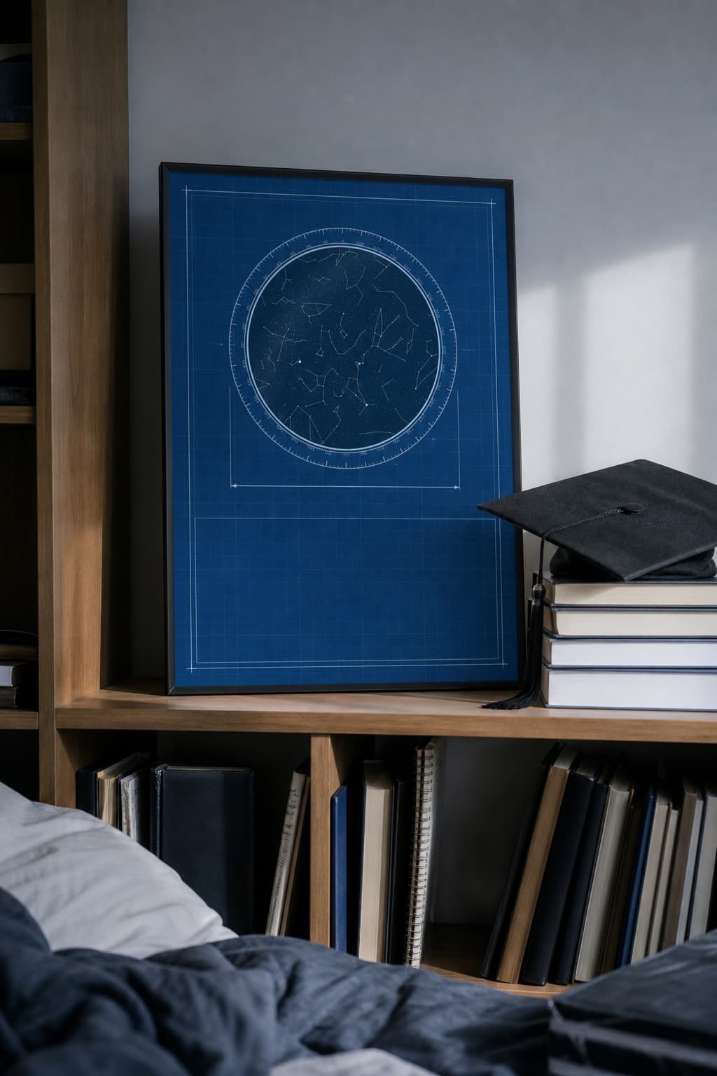 A blue star map with a circular sky leaning on a bookshelf beside a stack of books topped with a black graduation cap.