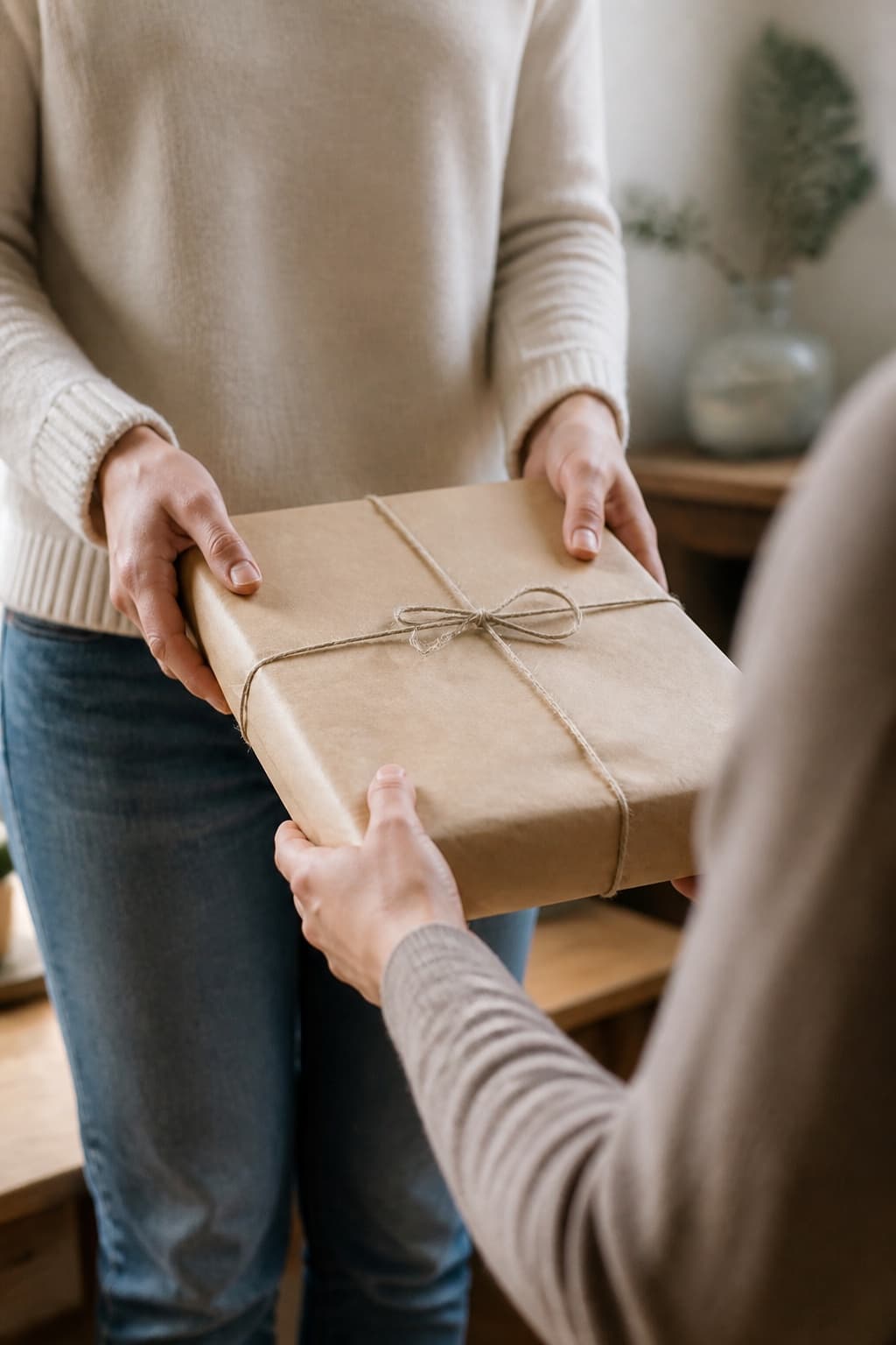 One person handing another a gift wrapped in brown paper and tied with string.