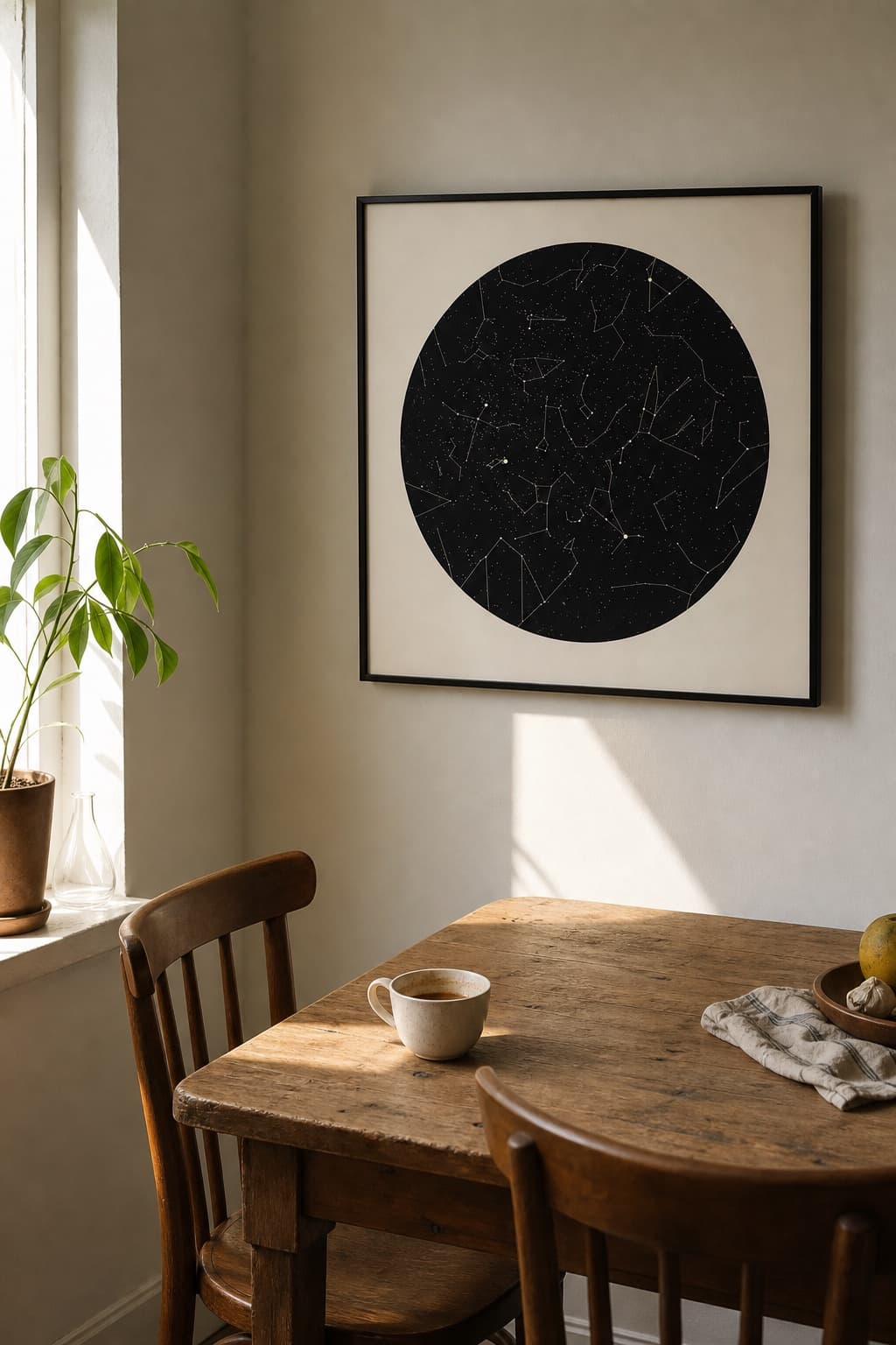 A square star map with a black sky disc on warm white paper, hanging above a wooden dining table.