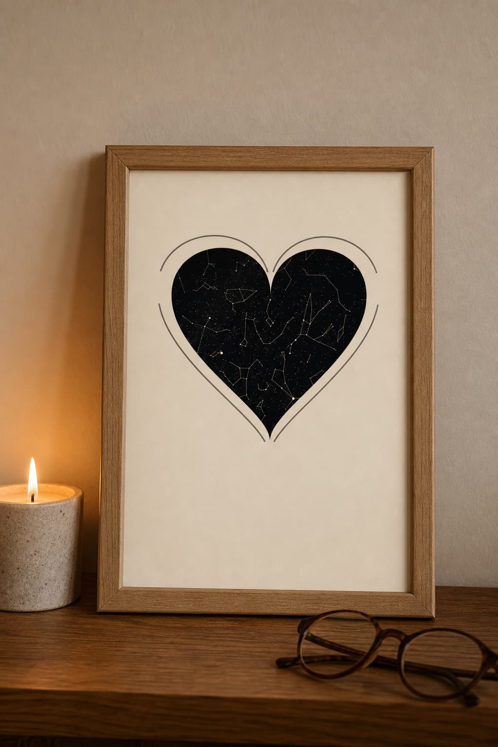 A warm white heart-shaped star map in a wood frame on a shelf, beside a lit candle.