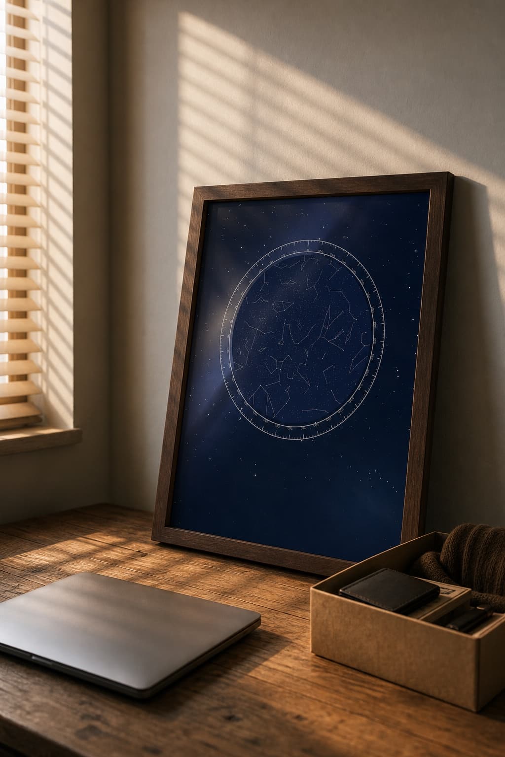 A navy star map in a dark wood frame leaning on a wooden desk beside a closed laptop and a small box of personal things, in striped window light.