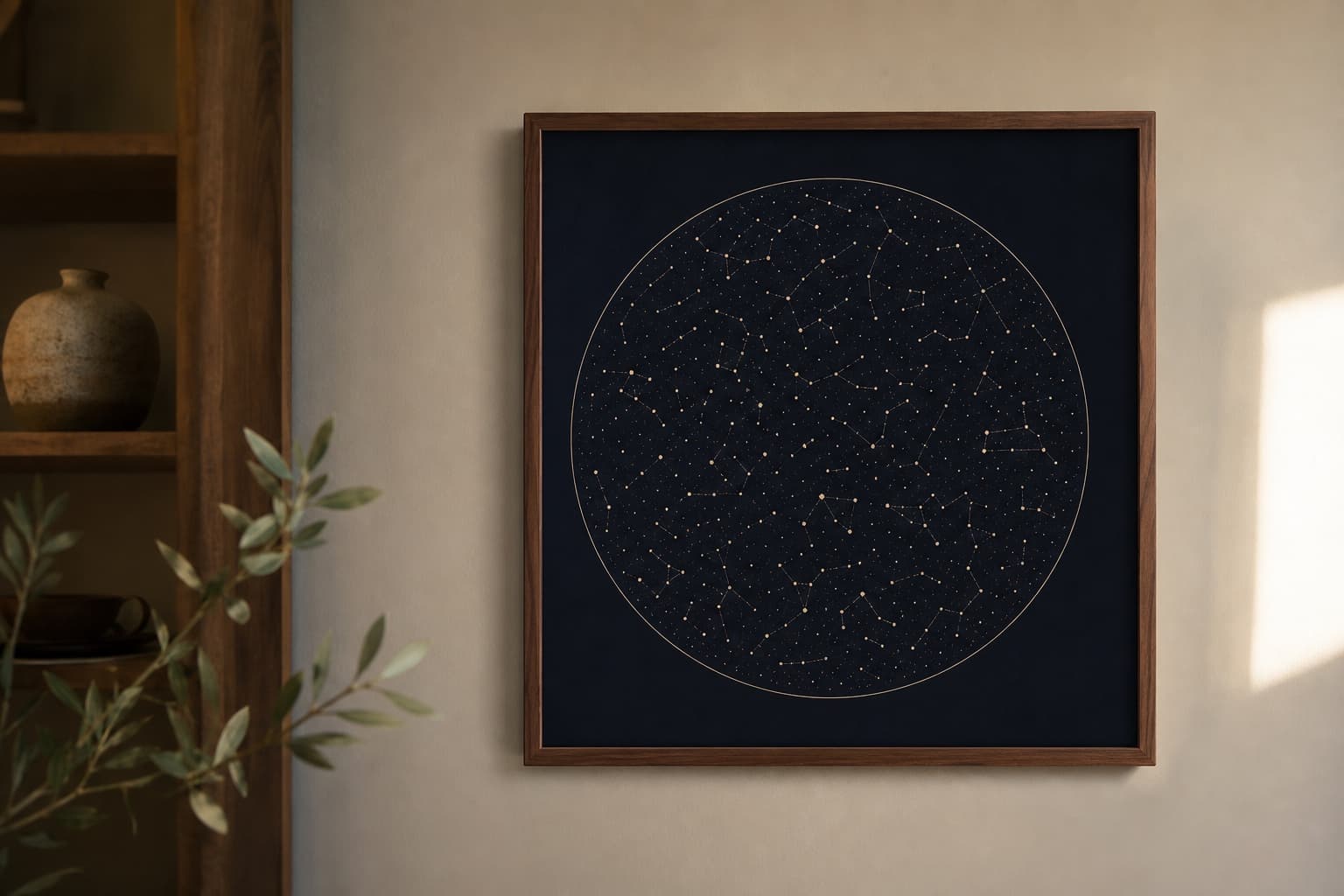 A framed wall art piece on a softly lit wall